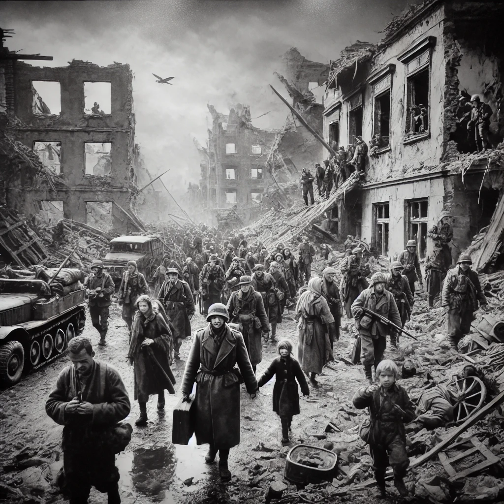 DALL·E 2025-03-07 17.24.52 - A black and white historical photograph depicting war refugees and soldiers traversing through a destroyed cityscape. The scene is filled with rubble, Timeline2