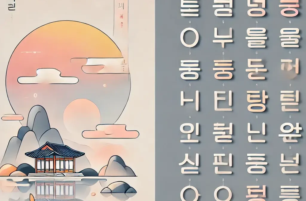 Ilustración elegante del alfabeto Hangul coreano en un estilo minimalista con tonos pastel. Los caracteres Hangul están dispuestos armoniosamente, destacando su estética limpia y moderna. La imagen también incluye una representación visual de sílabas coreanas formadas por consonantes y vocales en colores vibrantes, junto con un paisaje natural de Corea donde los caracteres flotan suavemente en el cielo, creando una atmósfera artística y serena.
