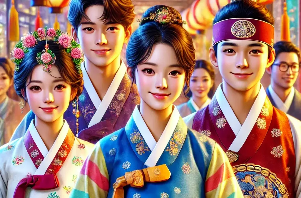 Ilustración artística de jóvenes coreanos sonrientes vestidos en hanbok tradicional, mostrando nombres coreanos escritos en Hangul, simbolizando la belleza cultural y tradición coreana.